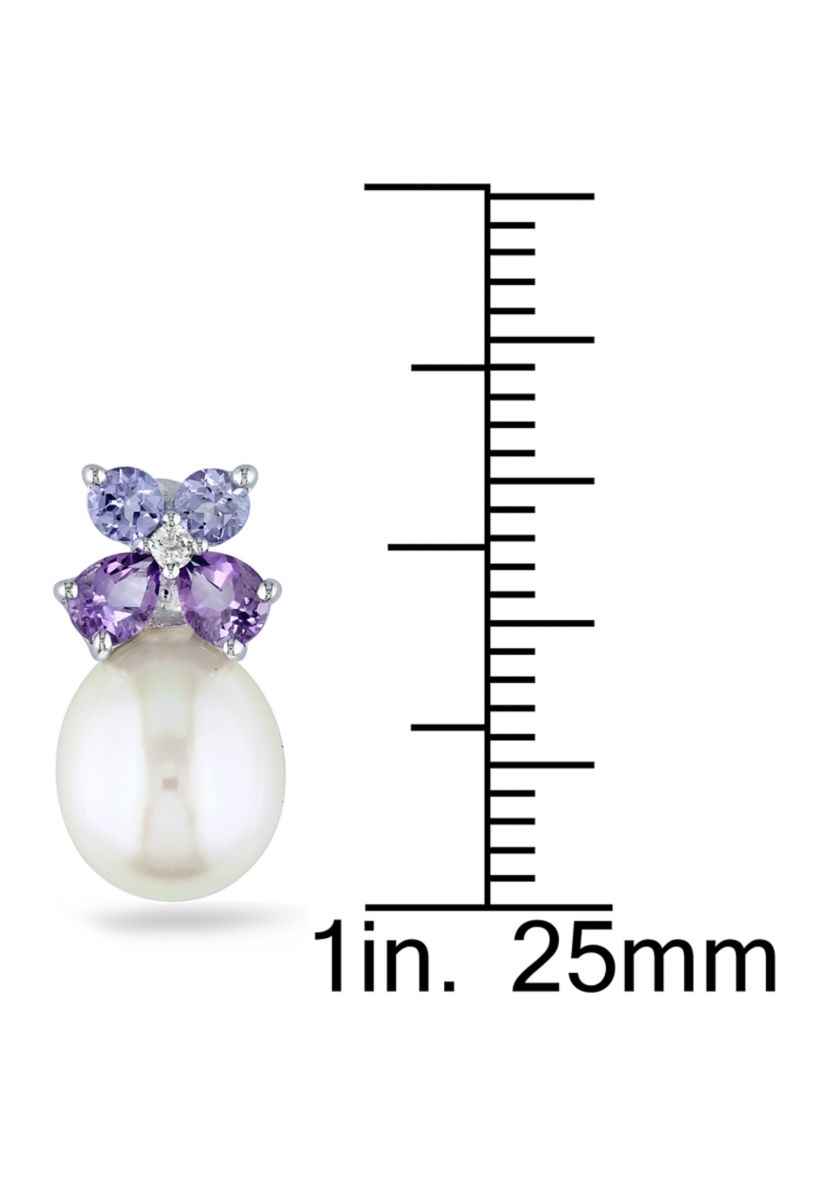 Cultured Freshwater Pearl, Tanzanite, Amethyst and Diamond Stud Earrings in Sterling Silver