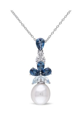 Belk & Co Cultured Freshwater Pearl and 3.25 ct. t.w. Topaz Drop Pendant with Chain in Sterling Silver, White, 18 in