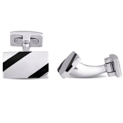 Haylee Jewels Men's Onyx and White Square Crystal Cufflinks in Sterling Silver