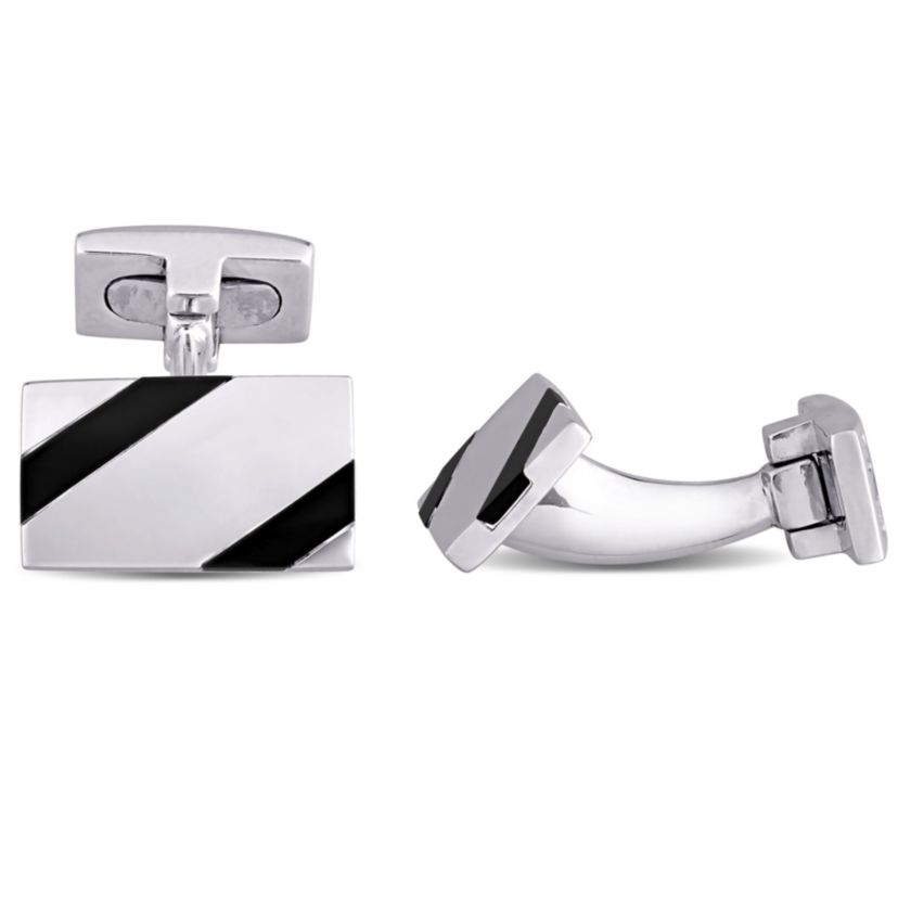 Onyx and White Square Crystal Cufflinks in Sterling Silver
