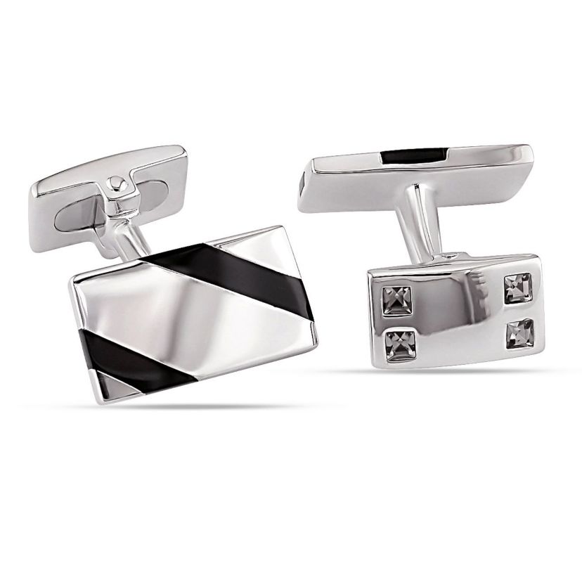 Onyx and White Square Crystal Cufflinks in Sterling Silver