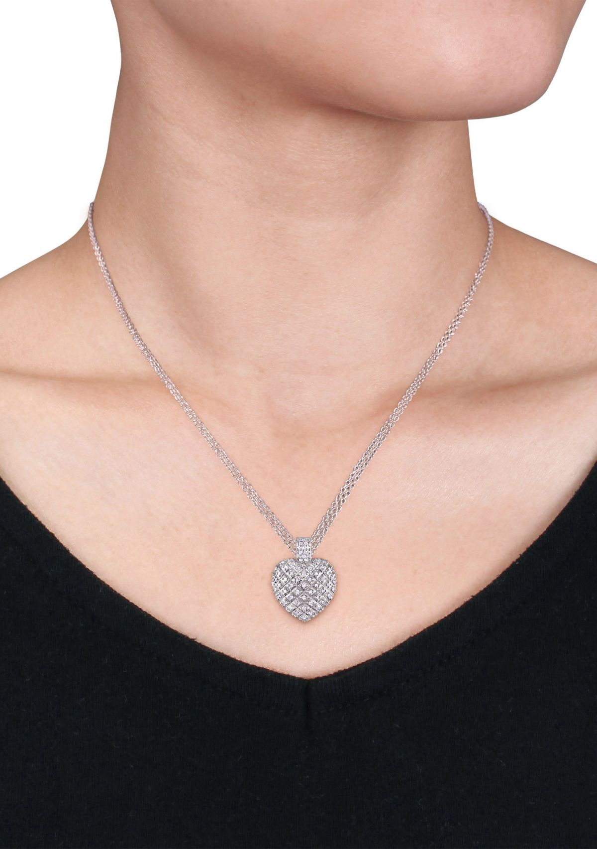  1 ct. t.w. Diamond Heart Pendant with Triple Chain in Sterling Silver