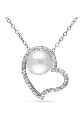 Belk & Co 8 - 8.5 MM White Cultured Freshwater Pearl and 1/10 CT TW Diamond Heart Pendant with Chain in Sterling Silver