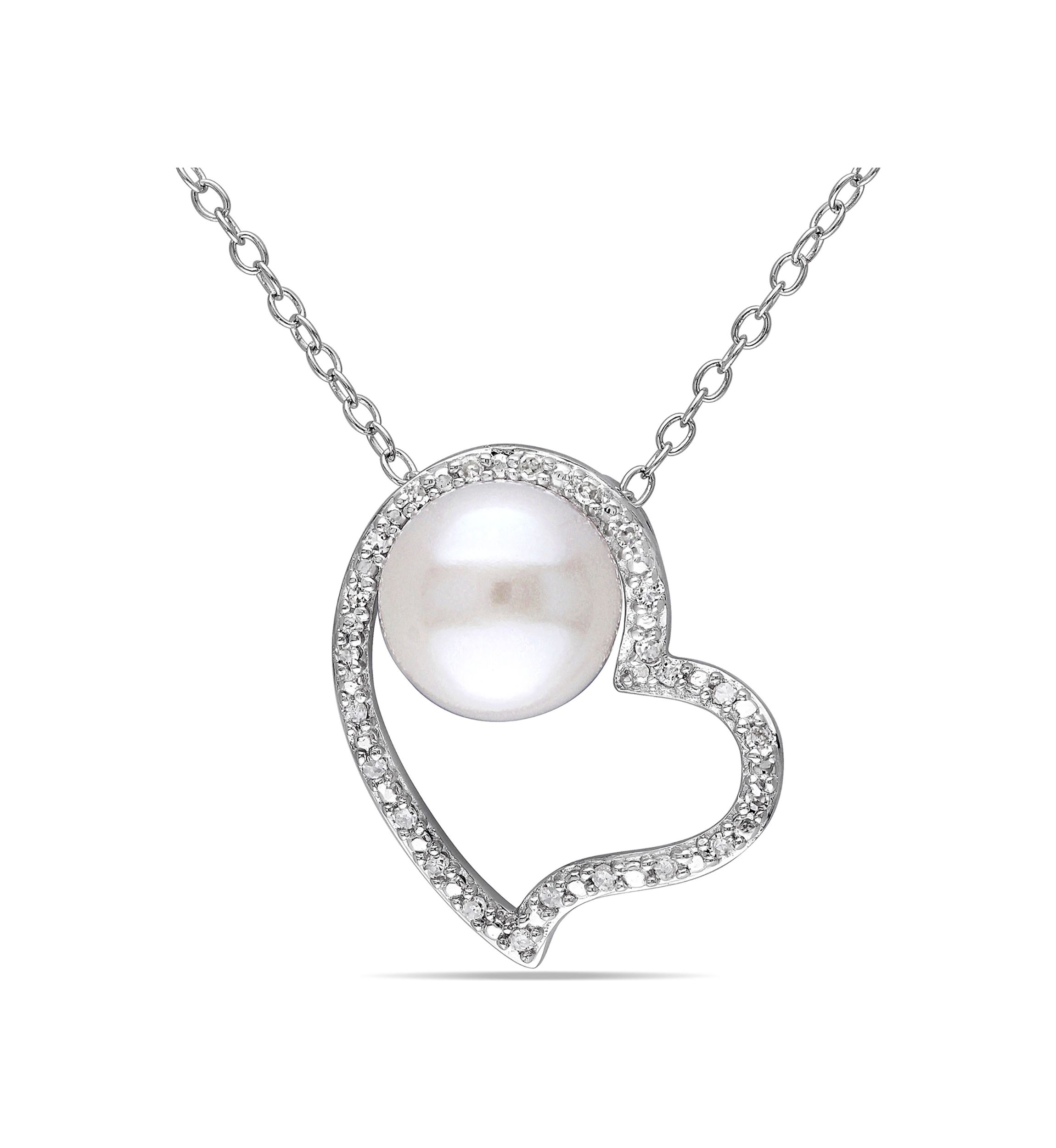 8 - 8.5 MM White Cultured Freshwater Pearl and 1/10 CT TW Diamond Heart Pendant with Chain in Sterling Silver
