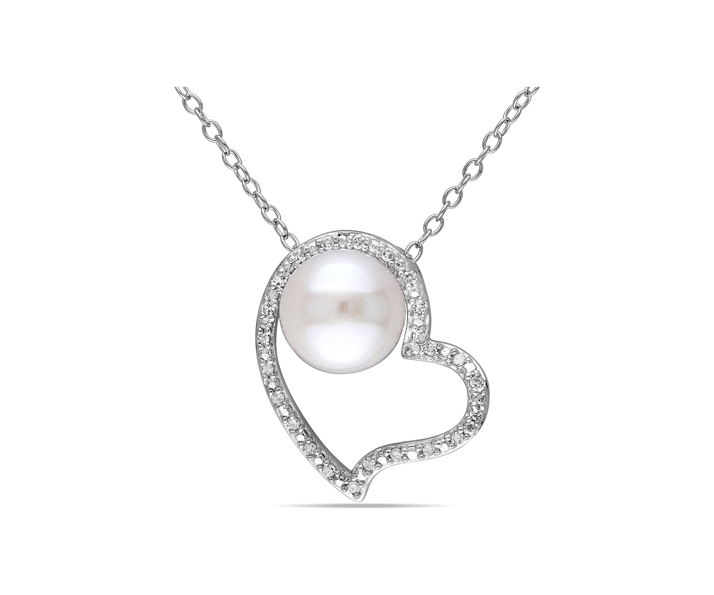 8 - 8.5 MM White Cultured Freshwater Pearl and 1/10 CT TW Diamond Heart Pendant with Chain in Sterling Silver