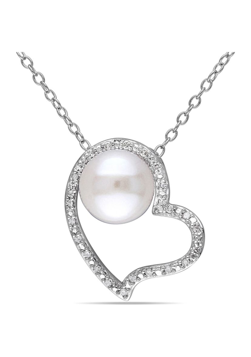 8 - 8.5 MM White Cultured Freshwater Pearl and 1/10 CT TW Diamond Heart Pendant with Chain in Sterling Silver
