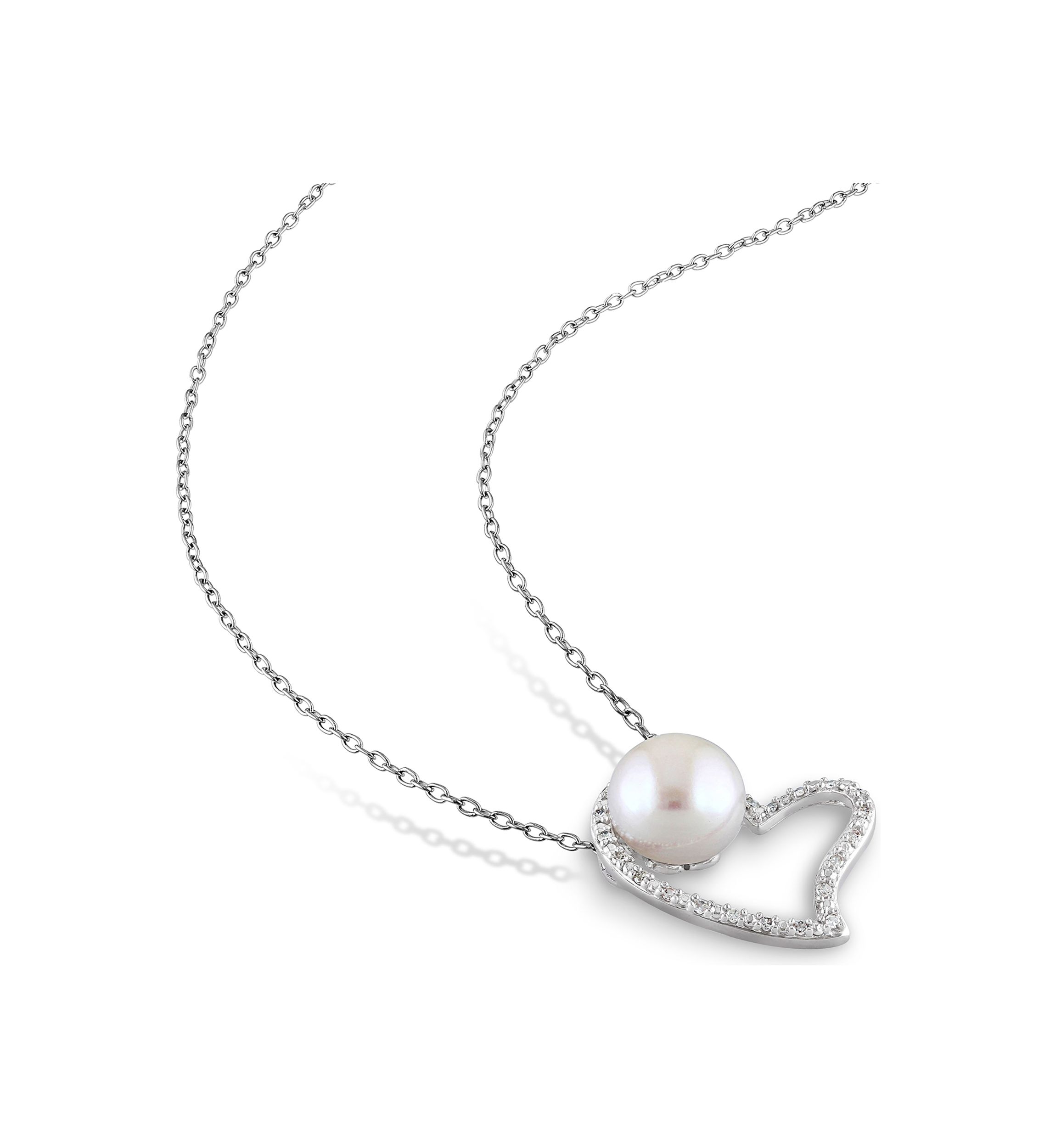 8 - 8.5 MM White Cultured Freshwater Pearl and 1/10 CT TW Diamond Heart Pendant with Chain in Sterling Silver