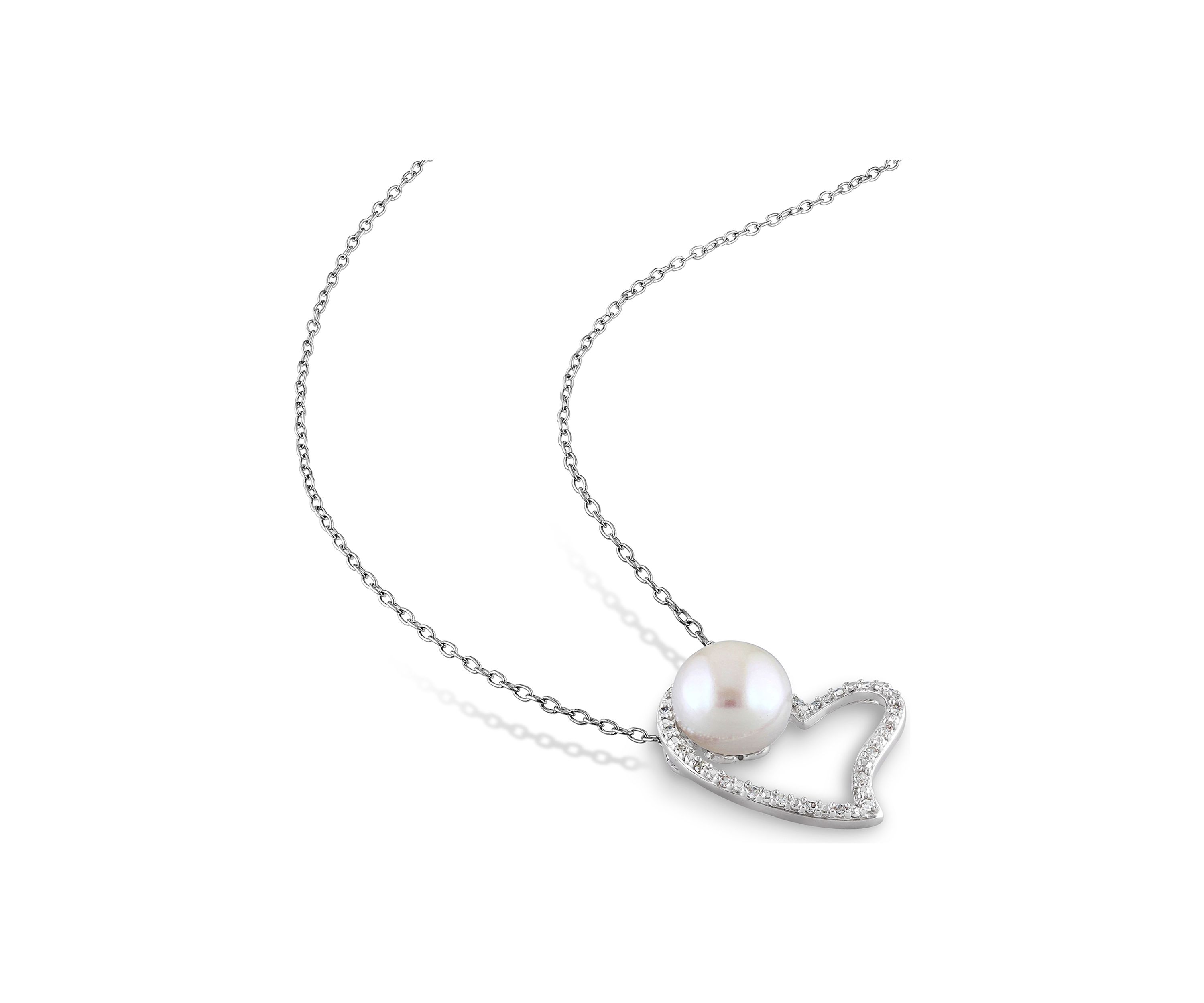 8 - 8.5 MM White Cultured Freshwater Pearl and 1/10 CT TW Diamond Heart Pendant with Chain in Sterling Silver