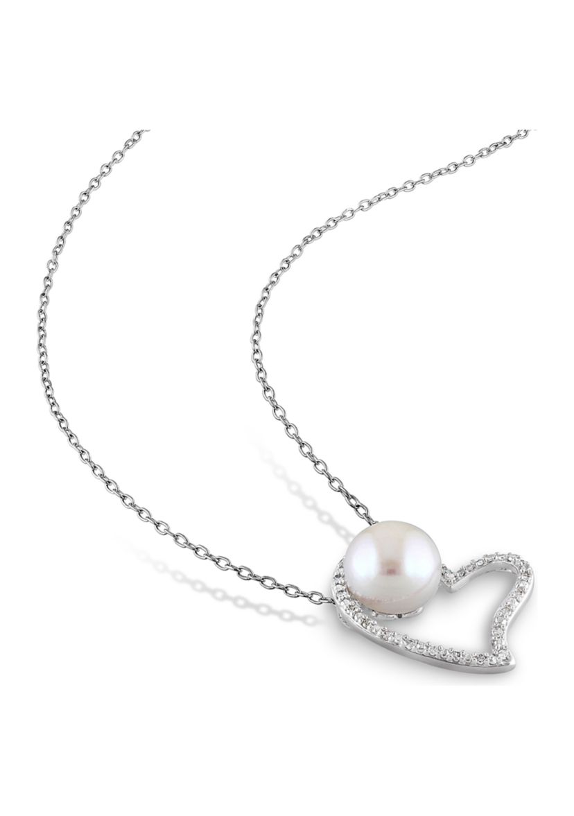 8 - 8.5 MM White Cultured Freshwater Pearl and 1/10 CT TW Diamond Heart Pendant with Chain in Sterling Silver