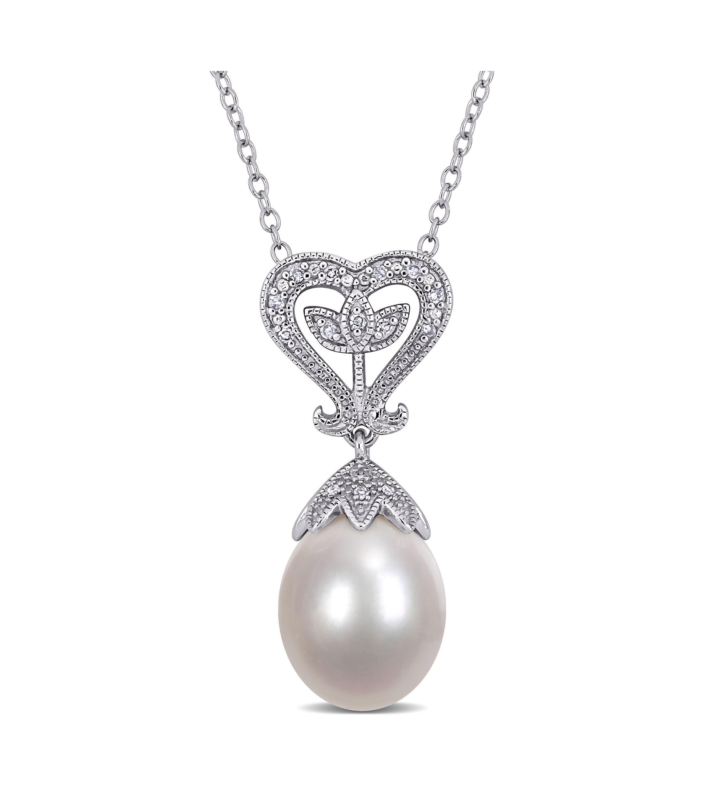 10-10.5 Millimeter Cultured Freshwater Pearl and Diamond Heart Pendant with Chain in Sterling Silver
