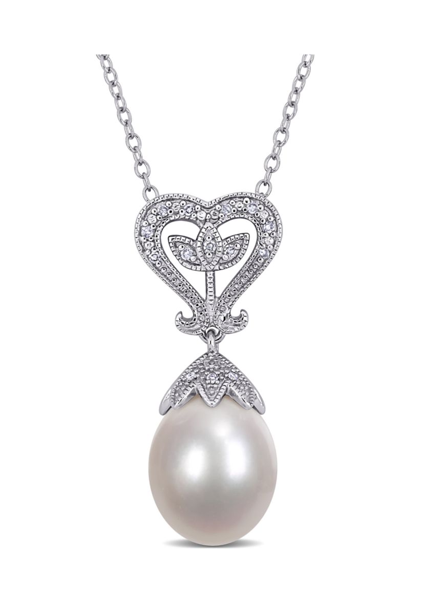 10-10.5 Millimeter Cultured Freshwater Pearl and Diamond Heart Pendant with Chain in Sterling Silver