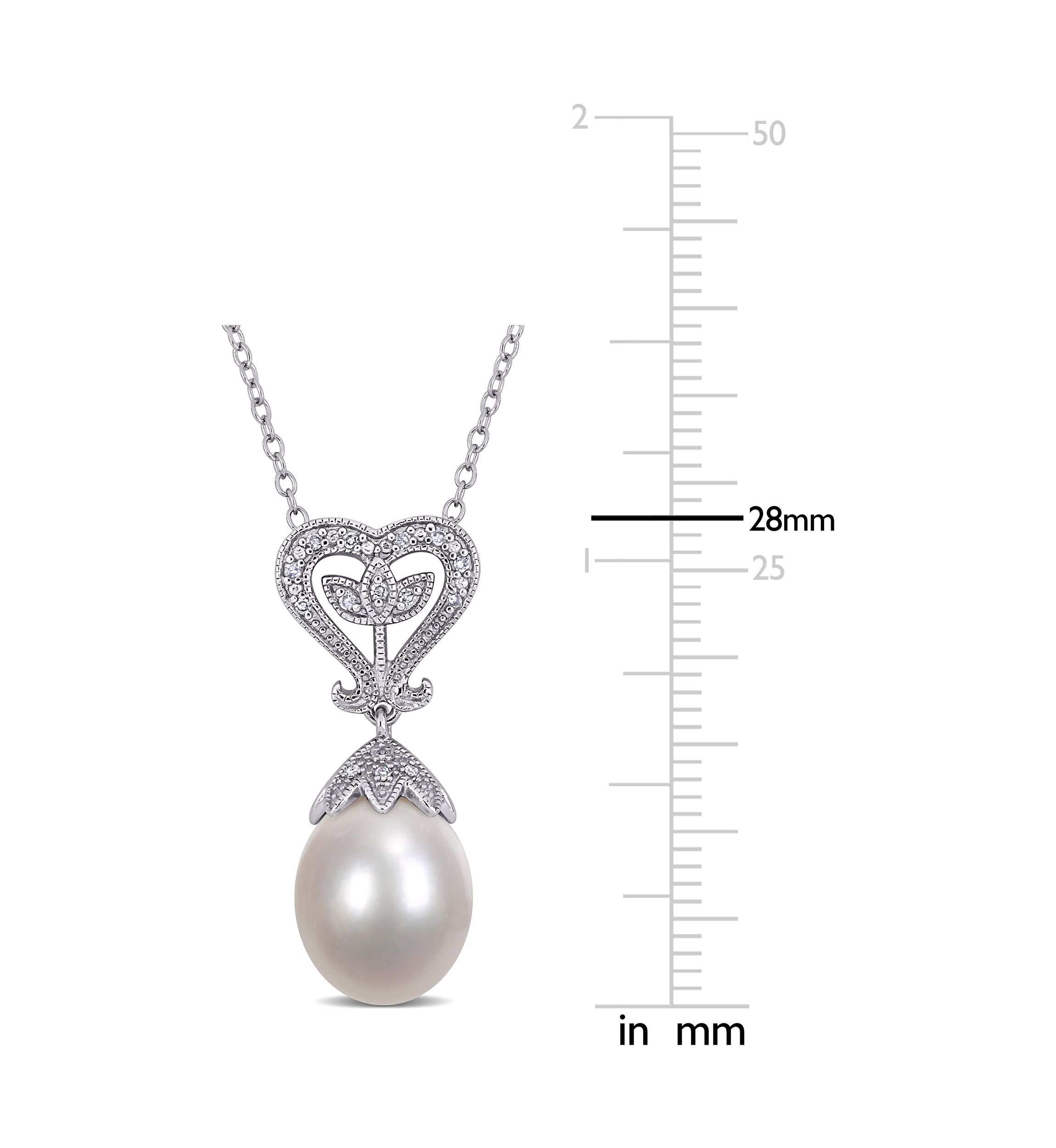 10-10.5 Millimeter Cultured Freshwater Pearl and Diamond Heart Pendant with Chain in Sterling Silver