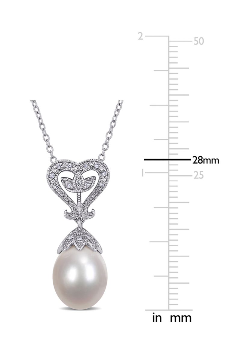 10-10.5 Millimeter Cultured Freshwater Pearl and Diamond Heart Pendant with Chain in Sterling Silver