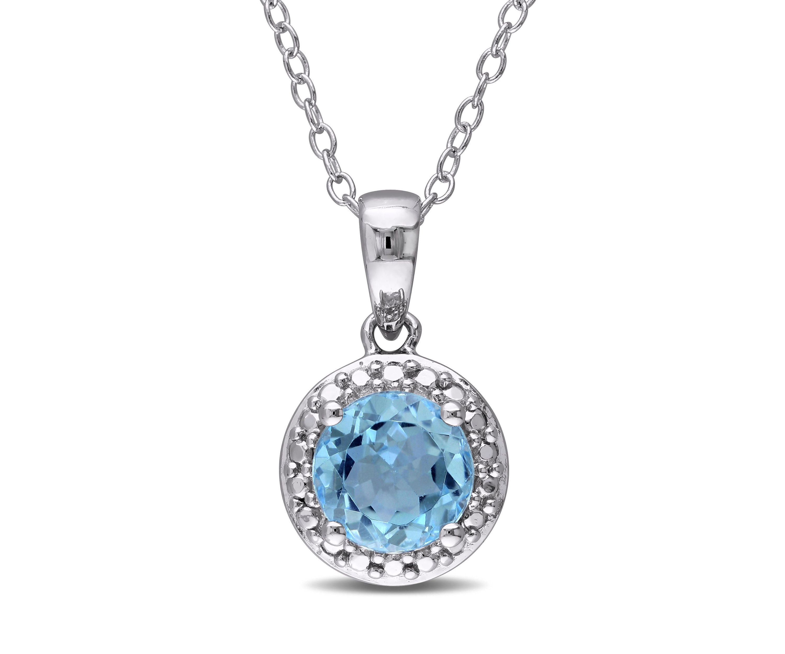 Blue Topaz Halo Pendant with Chain in Sterling Silver