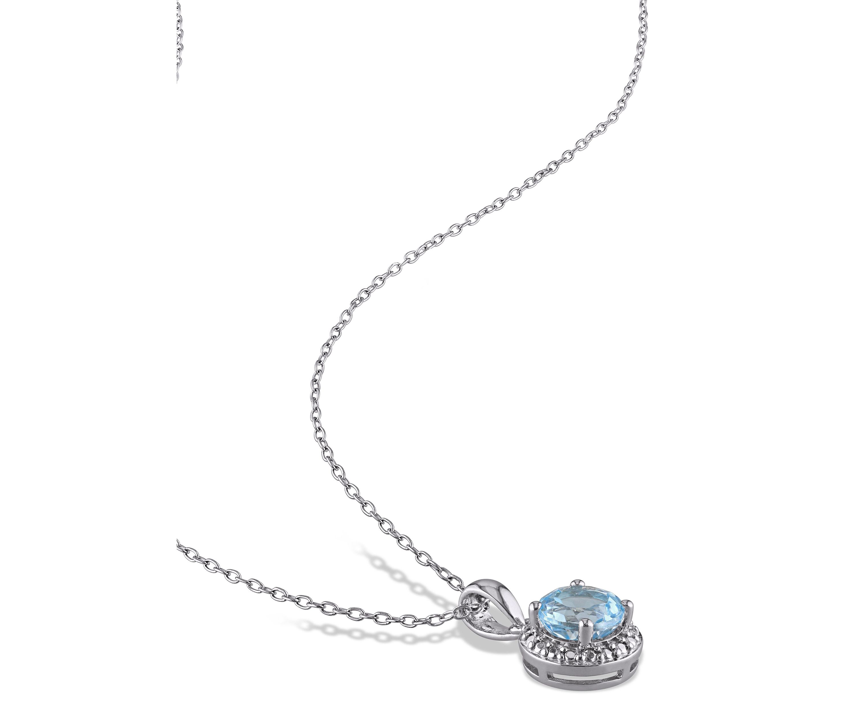 Blue Topaz Halo Pendant with Chain in Sterling Silver