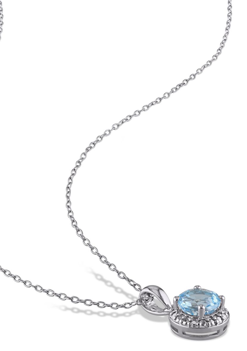 Blue Topaz Halo Pendant with Chain in Sterling Silver