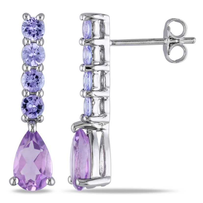 Amethyst and Tanzanite Drop Earrings in Sterling Silver