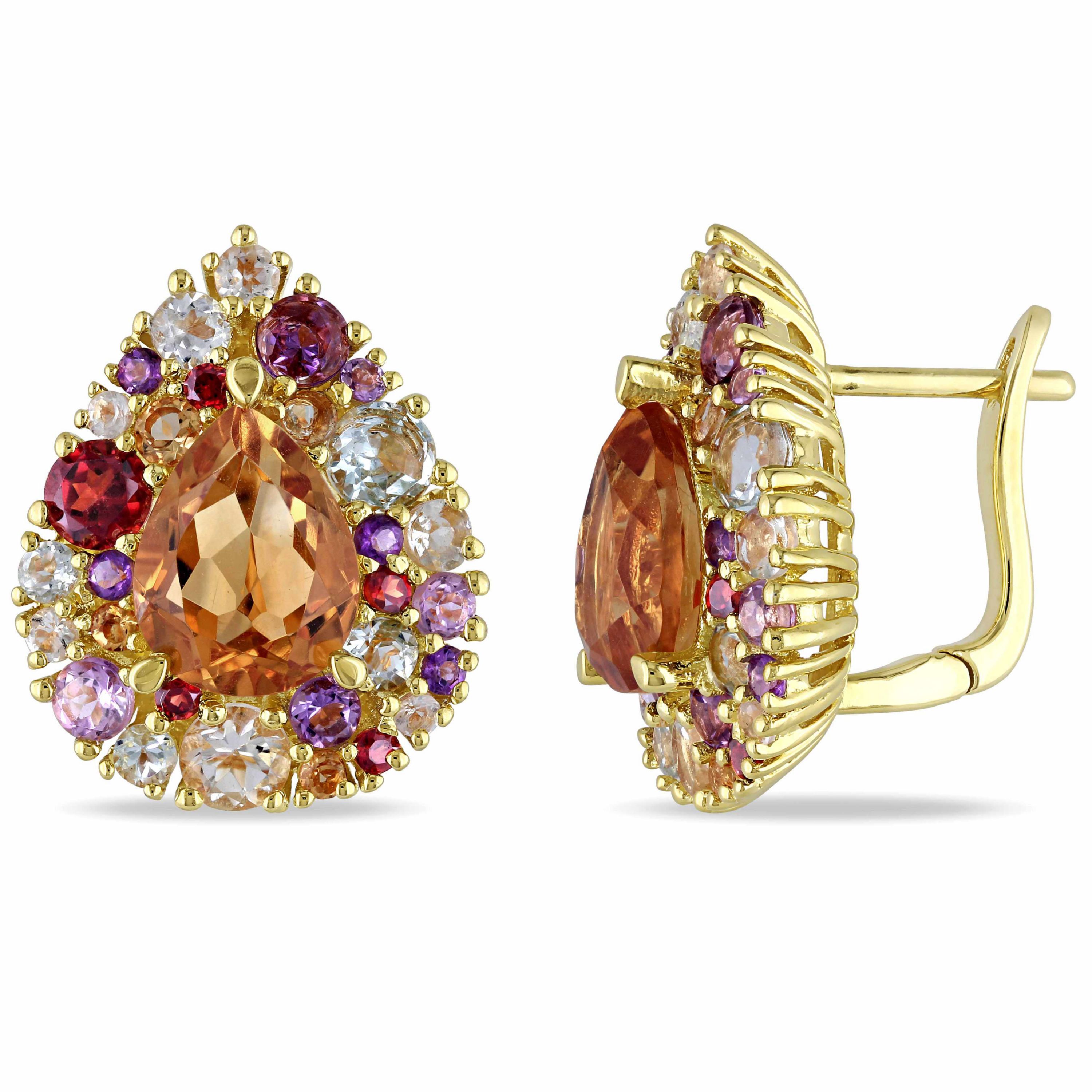 Multi Gemstone LeverBack Earrings in Yellow Plated Sterling Silver