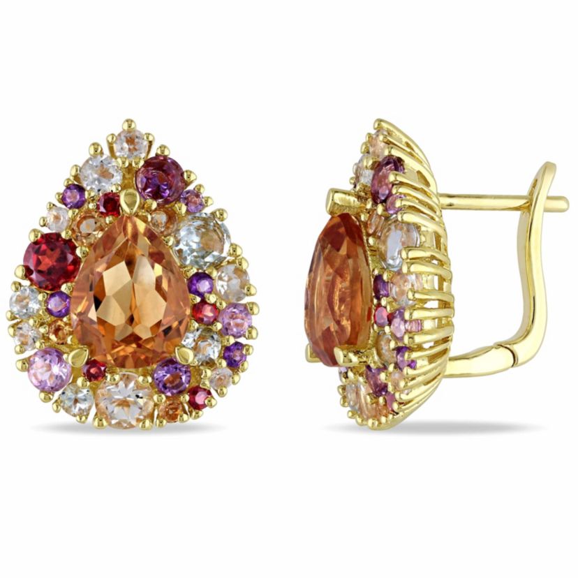 Multi Gemstone LeverBack Earrings in Yellow Plated Sterling Silver
