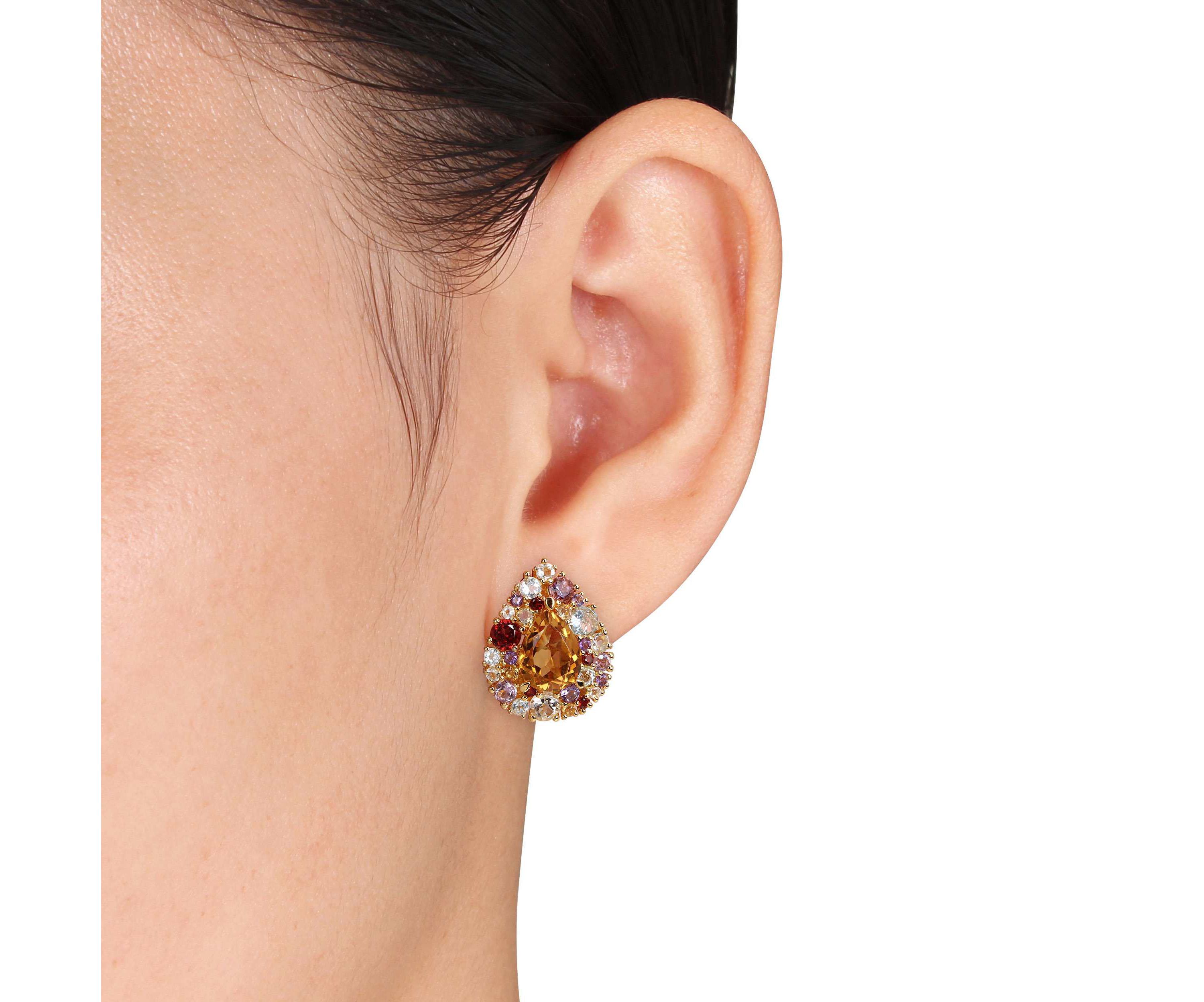 Multi Gemstone LeverBack Earrings in Yellow Plated Sterling Silver