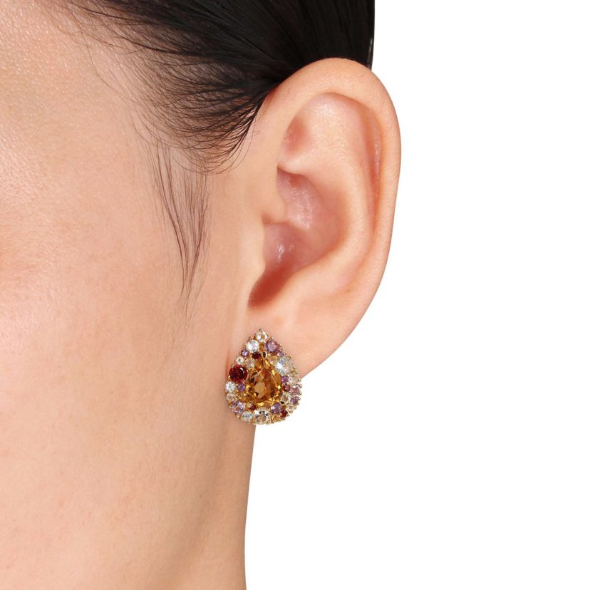 Multi Gemstone LeverBack Earrings in Yellow Plated Sterling Silver
