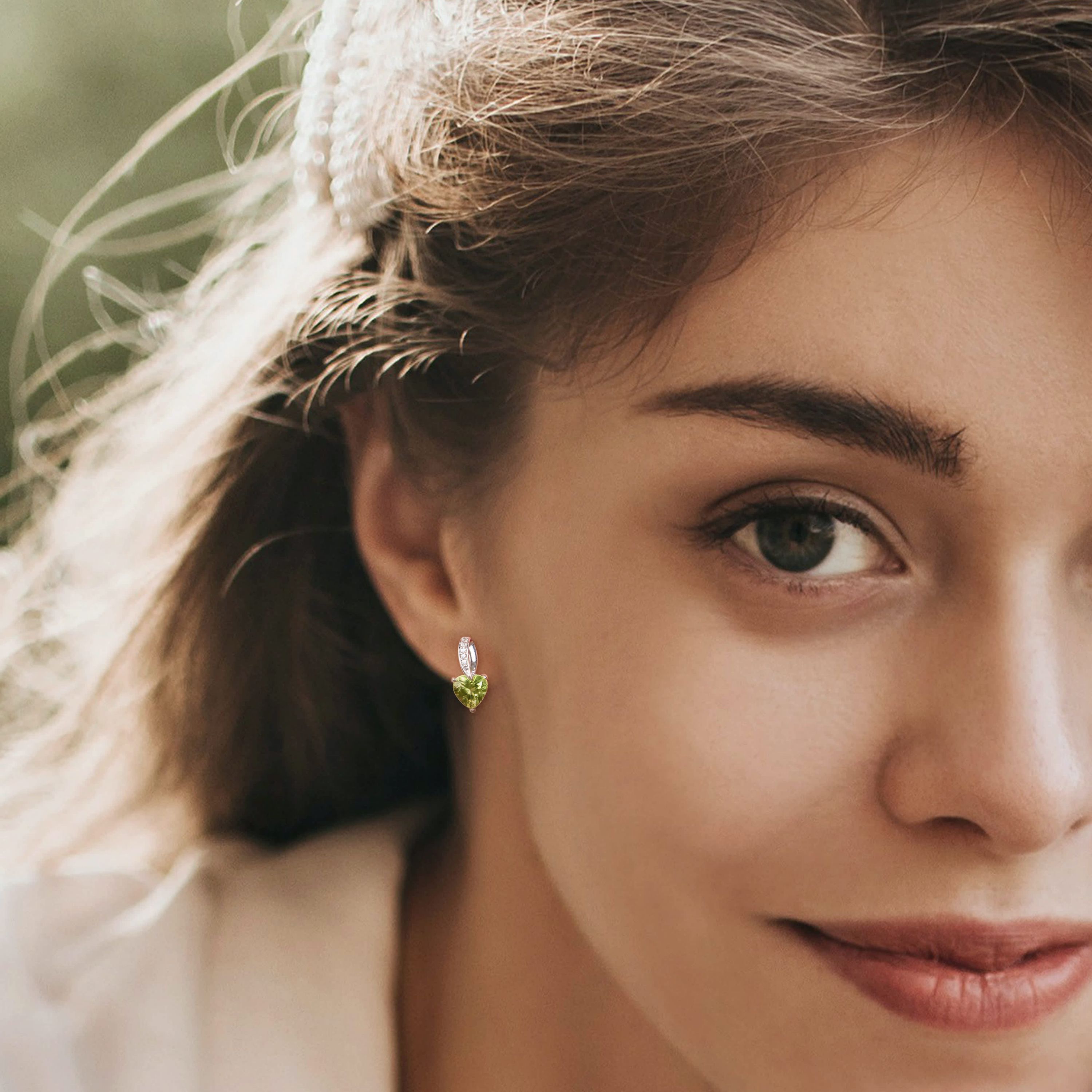 Peridot & Diamond Post Earrings in 10K White Gold