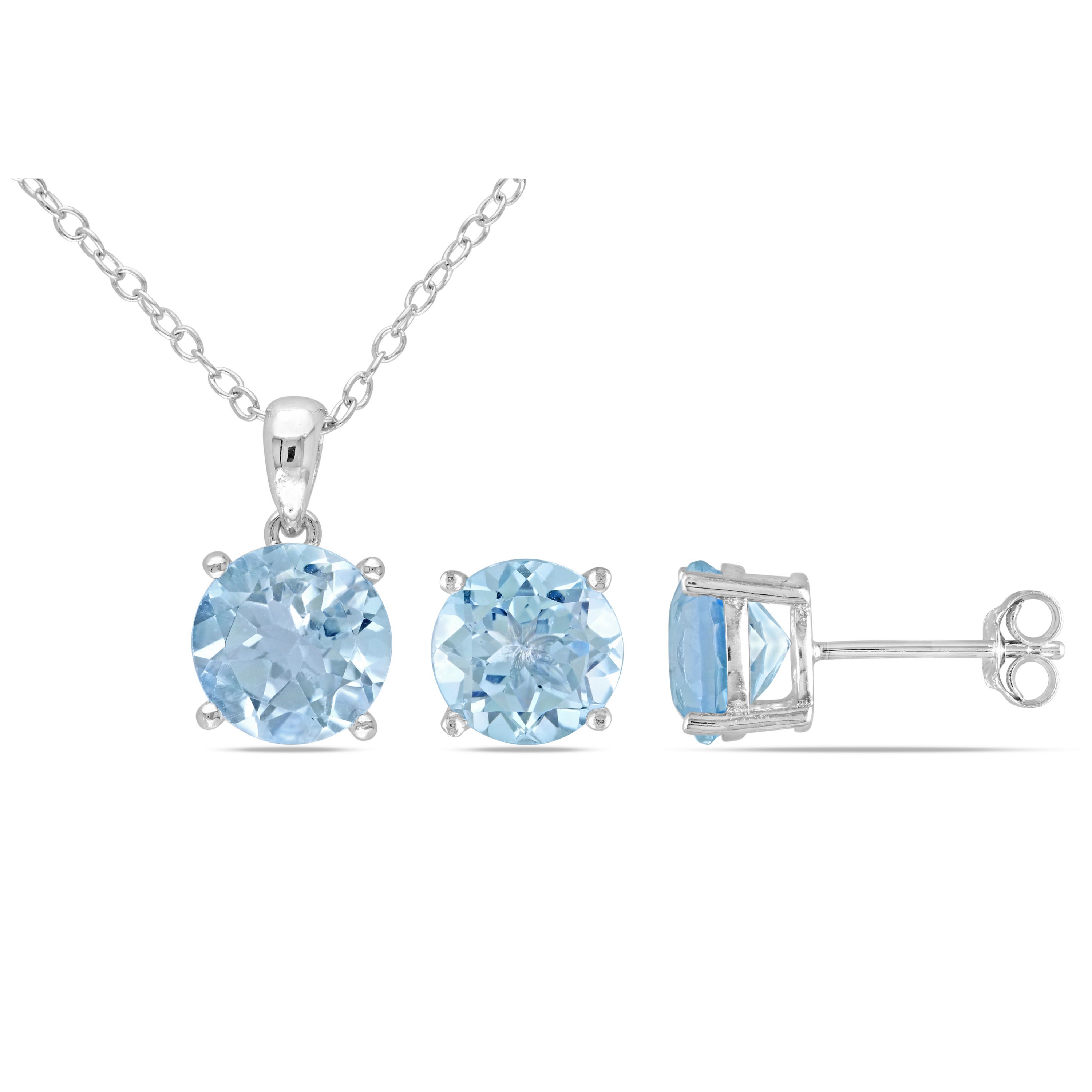 2-Pc Set of Sky Blue Topaz Stud Earring and Pendant with Chain in Sterling Silver