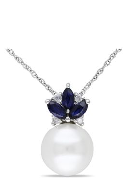 Belk & Co 8.5-9 Millimeter Cultured Freshwater Pearl, Sapphire and Diamond Floral Pendant with Chain in 10k White Gold, 17 in
