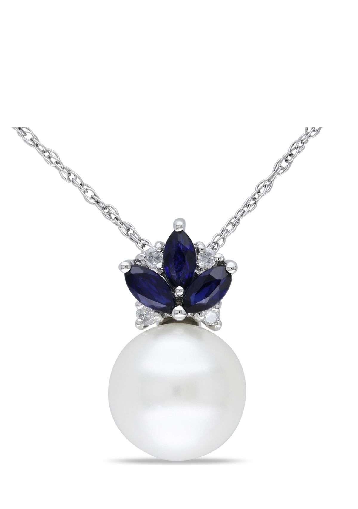 8.5-9 Millimeter Cultured Freshwater Pearl, Sapphire and Diamond Floral Pendant with Chain in 10k White Gold