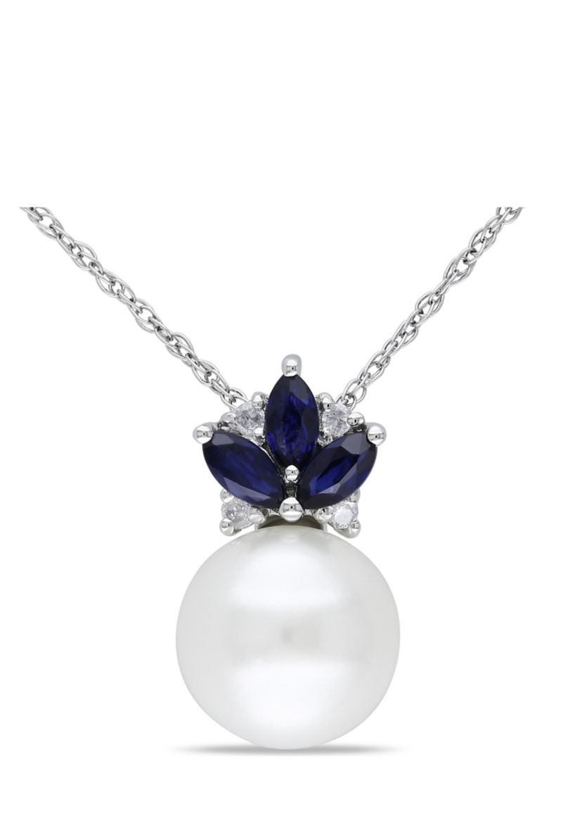 8.5-9 Millimeter Cultured Freshwater Pearl, Sapphire and Diamond Floral Pendant with Chain in 10k White Gold