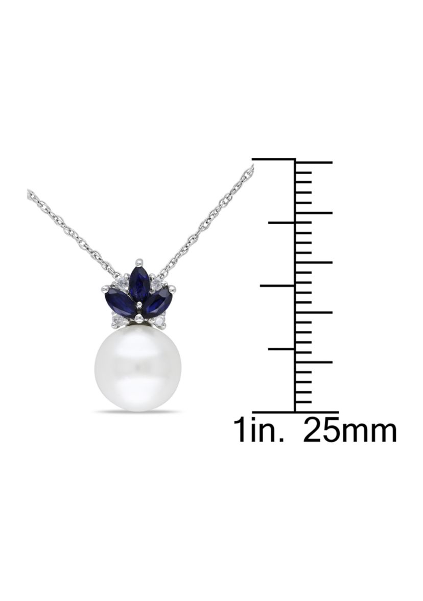 8.5-9 Millimeter Cultured Freshwater Pearl, Sapphire and Diamond Floral Pendant with Chain in 10k White Gold