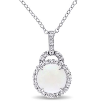 Belk & Co 2.16 ct. t.g.w. Opal and White Topaz Halo Charm Pendant with Chain in Sterling Silver