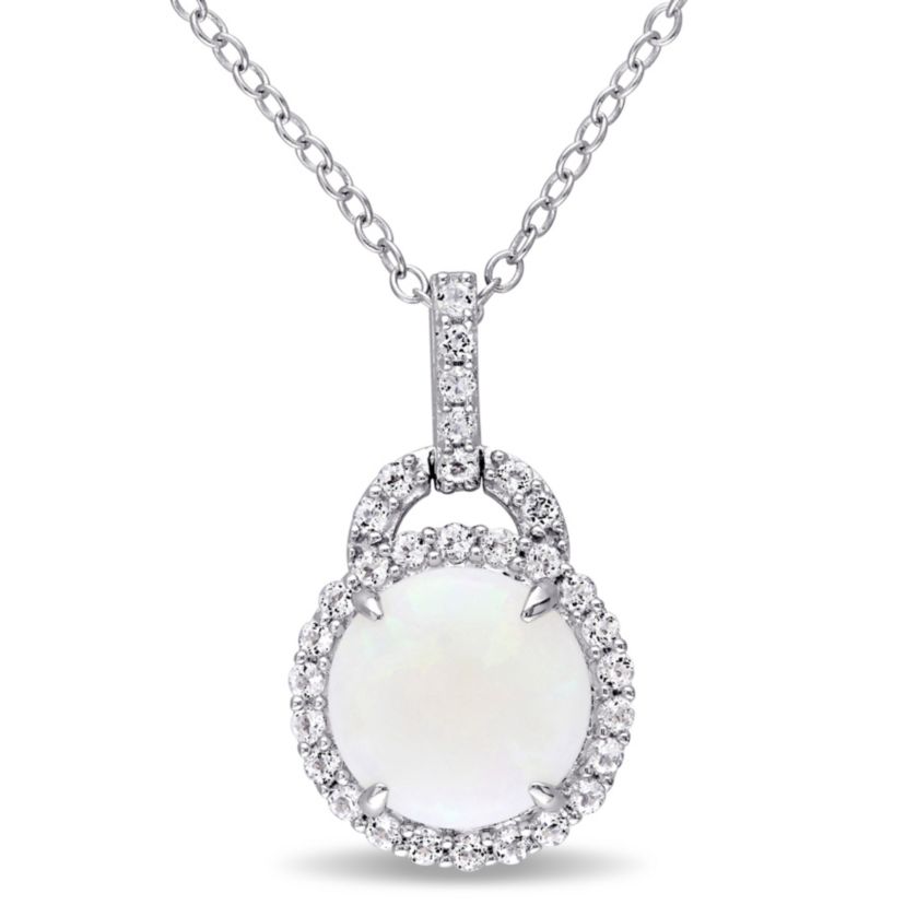 2.16 ct. t.g.w. Opal and White Topaz Halo Charm Pendant with Chain in Sterling Silver