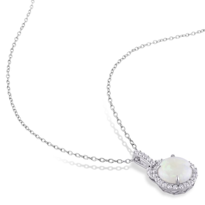 2.16 ct. t.g.w. Opal and White Topaz Halo Charm Pendant with Chain in Sterling Silver