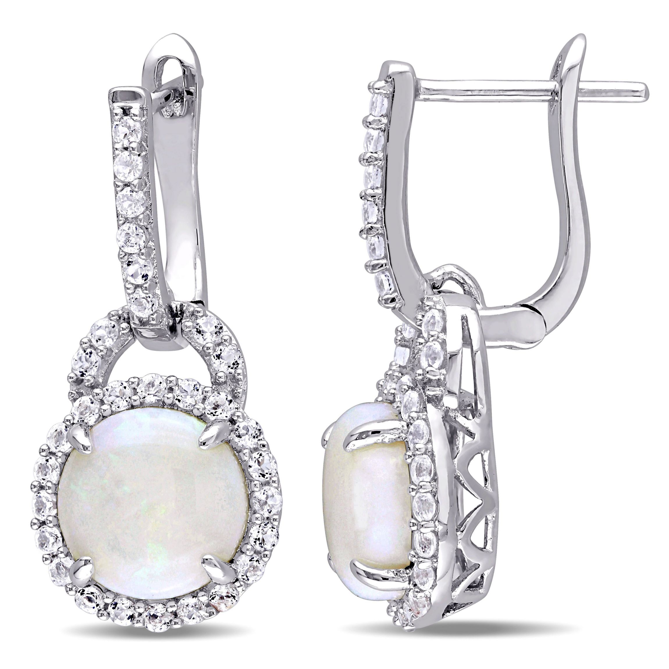 3.1 CT TGW Opal and White Topaz Hinged Hoop Charm Earrings in Sterling Silver