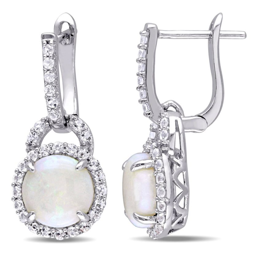 3.1 CT TGW Opal and White Topaz Hinged Hoop Charm Earrings in Sterling Silver