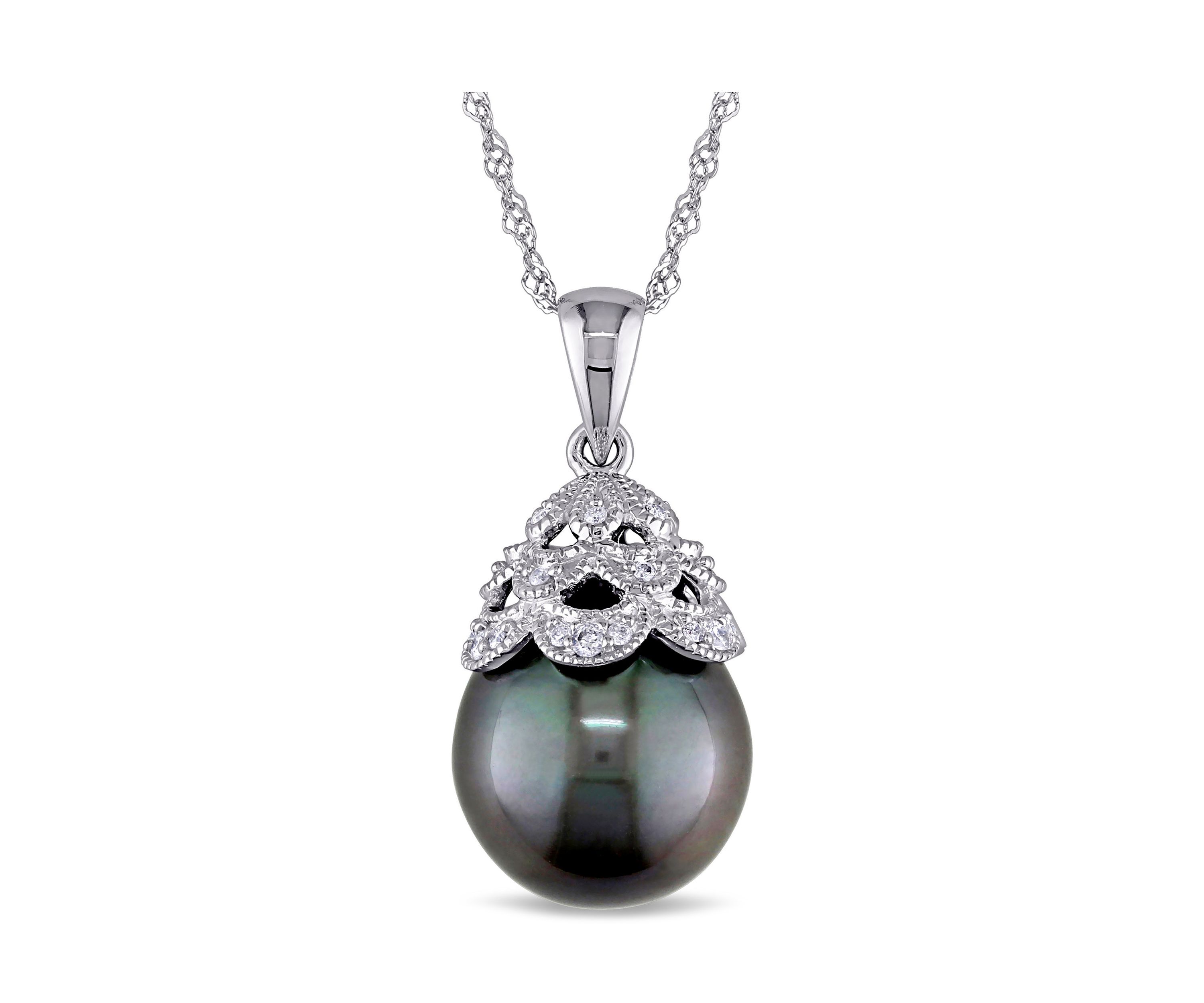 10-10.5 Millimeter Tahitian Cultured Pearl and Diamond Filigree Pendant with Chain in 10k White Gold