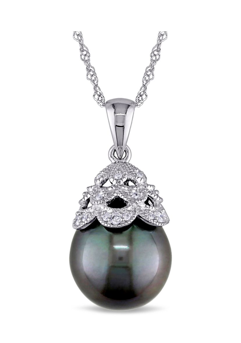 10-10.5 Millimeter Tahitian Cultured Pearl and Diamond Filigree Pendant with Chain in 10k White Gold