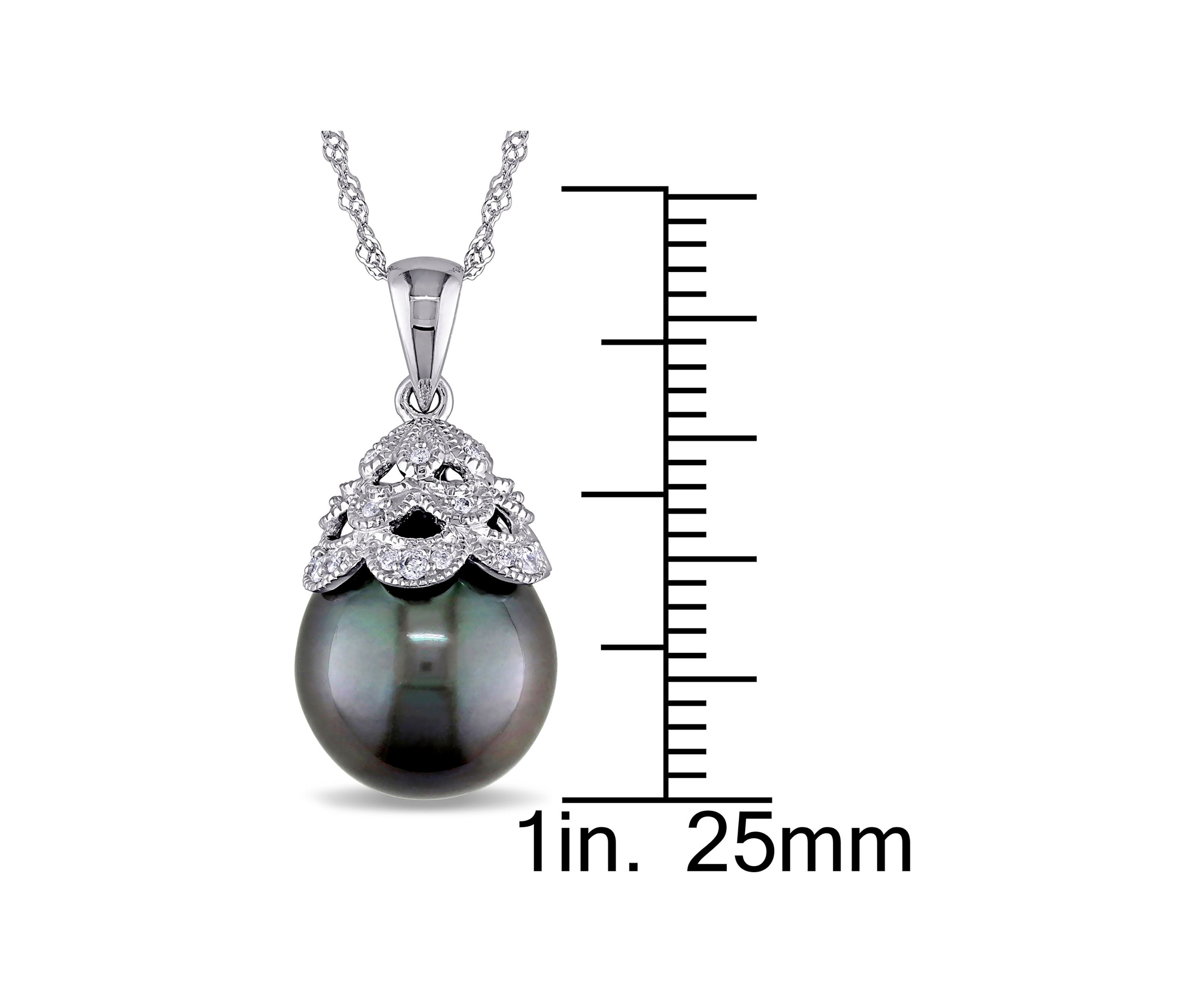 10-10.5 Millimeter Tahitian Cultured Pearl and Diamond Filigree Pendant with Chain in 10k White Gold