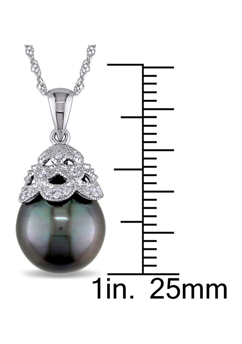 10-10.5 Millimeter Tahitian Cultured Pearl and Diamond Filigree Pendant with Chain in 10k White Gold