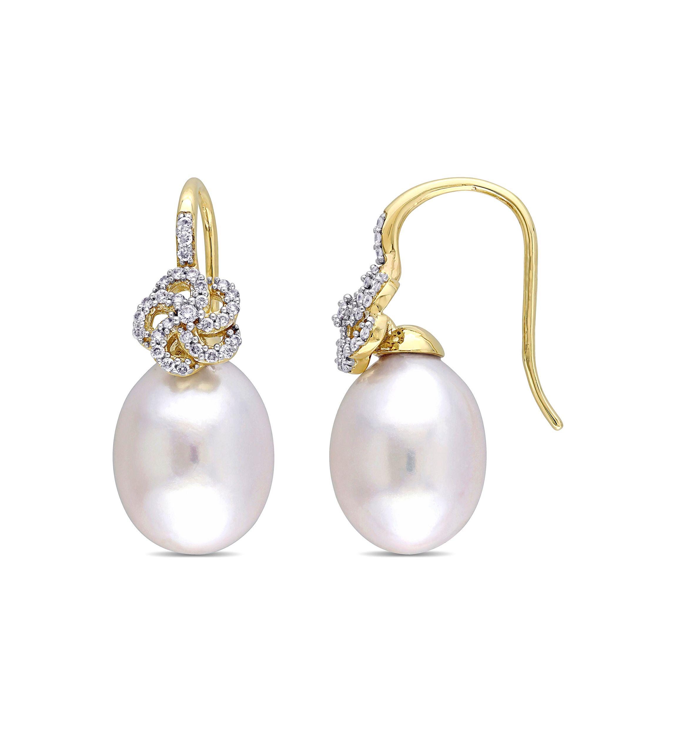 10-10.5 Millimeter South Sea Cultured Pearl and 1/4 ct. t.w. Diamond Floral Drop Earrings in 14k Yellow Gold
