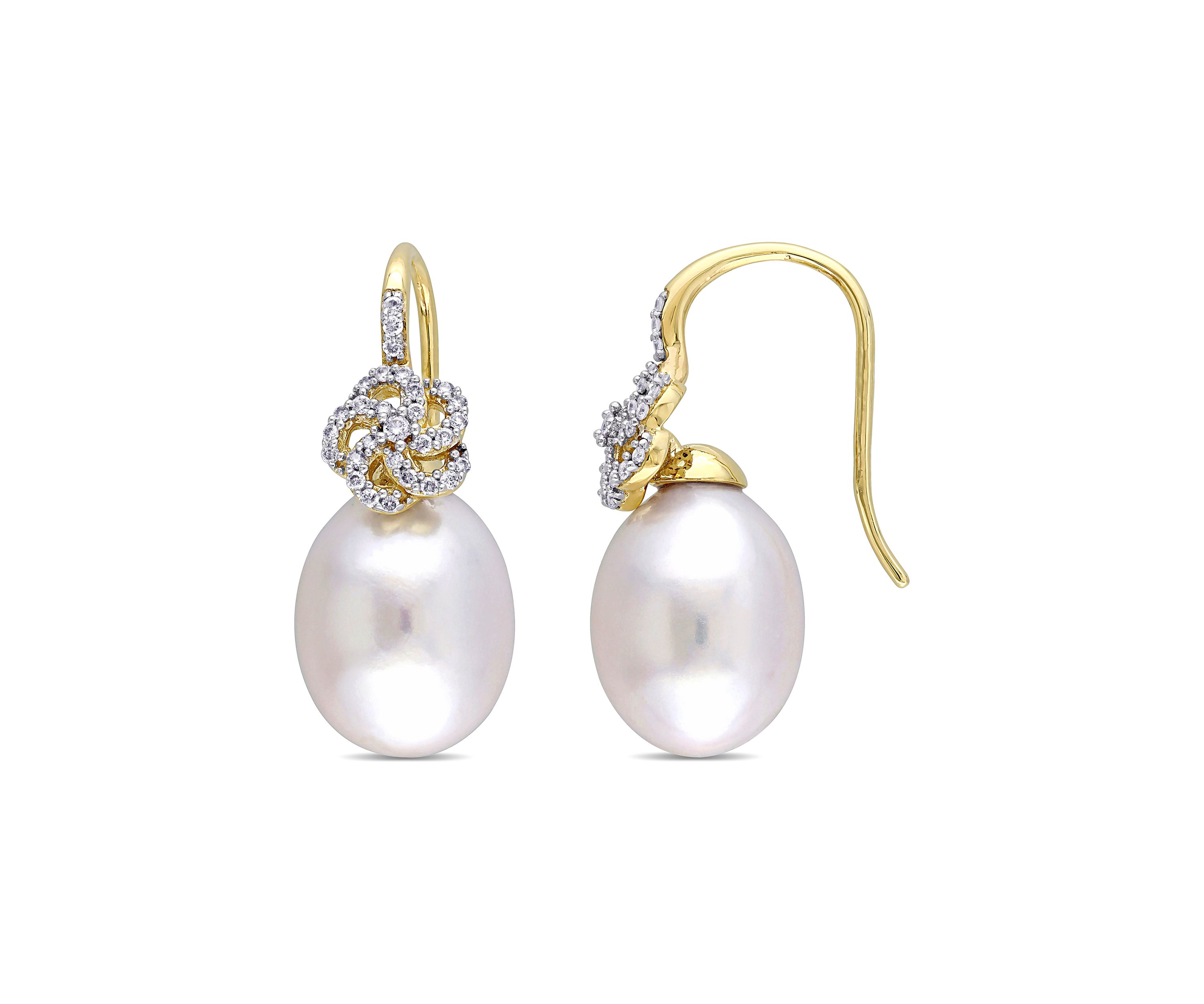 10-10.5 Millimeter South Sea Cultured Pearl and 1/4 ct. t.w. Diamond Floral Drop Earrings in 14k Yellow Gold