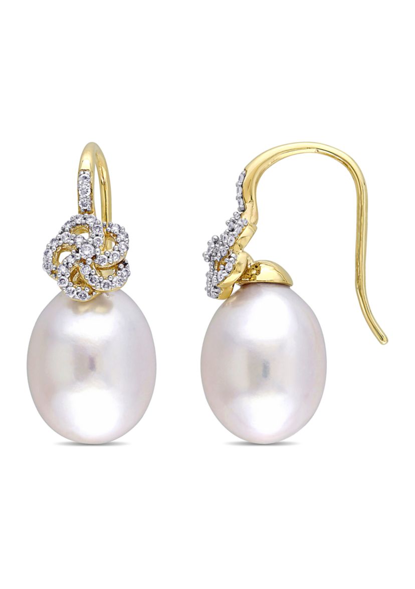 10-10.5 Millimeter South Sea Cultured Pearl and 1/4 ct. t.w. Diamond Floral Drop Earrings in 14k Yellow Gold