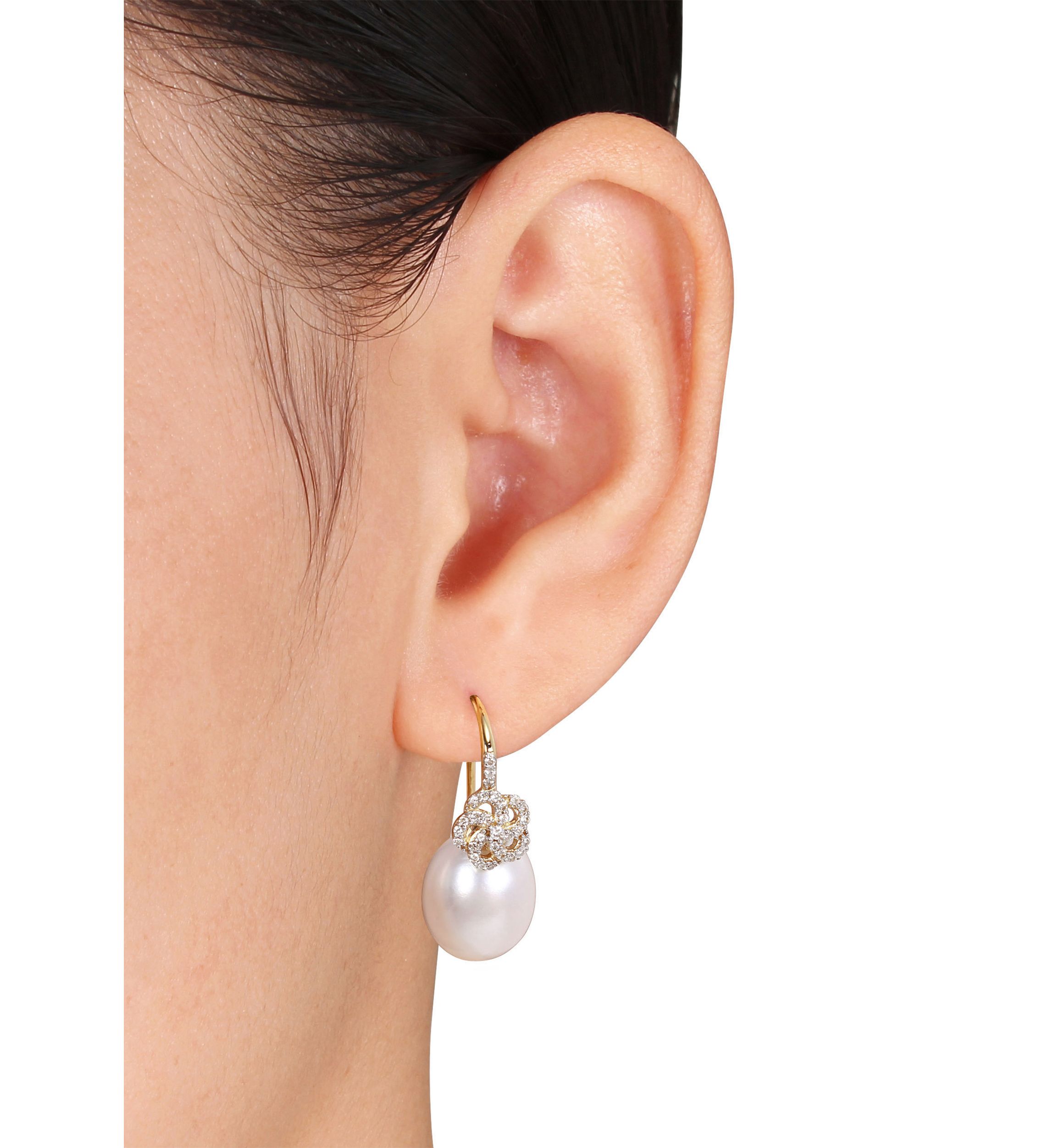 10-10.5 Millimeter South Sea Cultured Pearl and 1/4 ct. t.w. Diamond Floral Drop Earrings in 14k Yellow Gold
