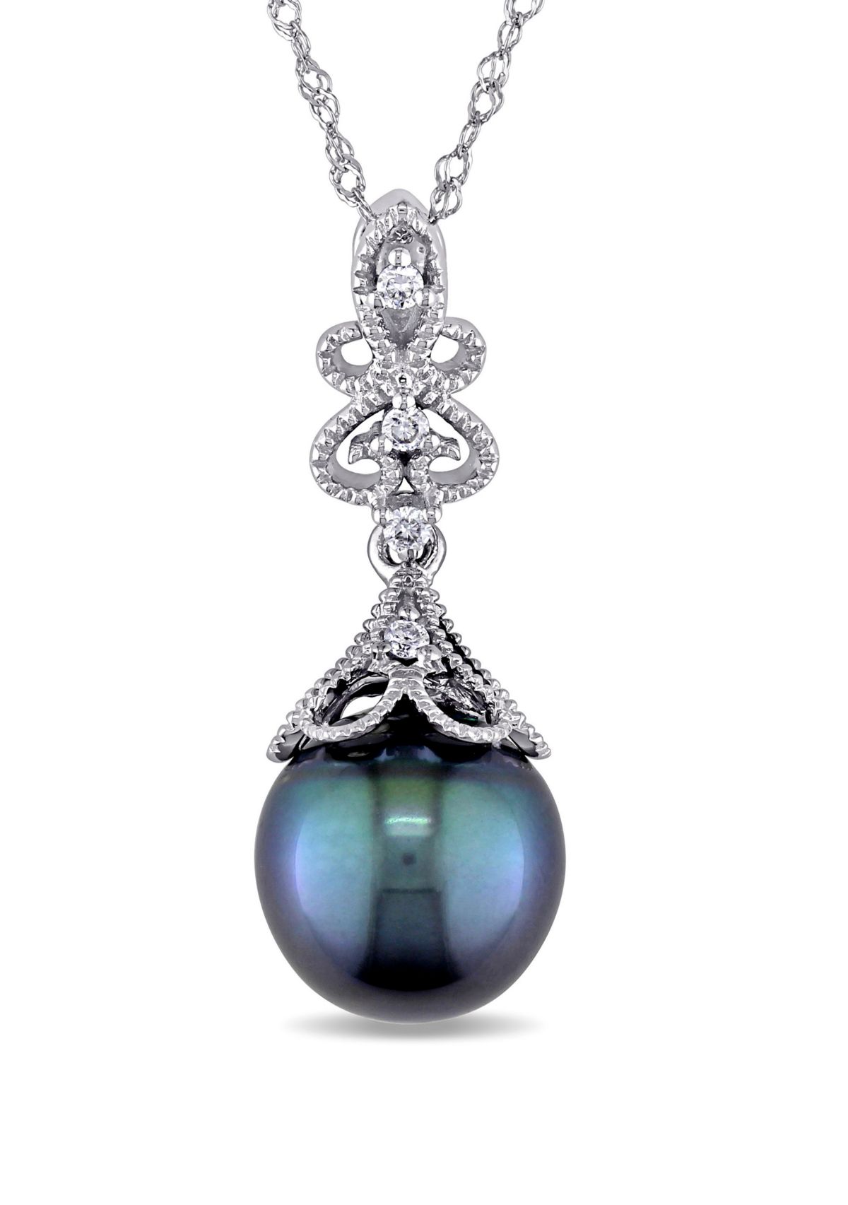 1/10 ct. t.w. Diamond and 9 Millimeter Cultured Tahitian Pearl Accent Vintage Drop Pendant With Chain in 14k White Gold