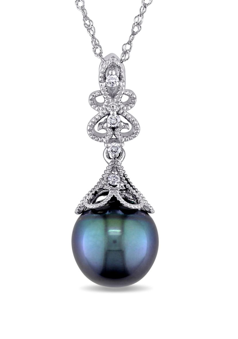 1/10 ct. t.w. Diamond and 9 Millimeter Cultured Tahitian Pearl Accent Vintage Drop Pendant With Chain in 14k White Gold