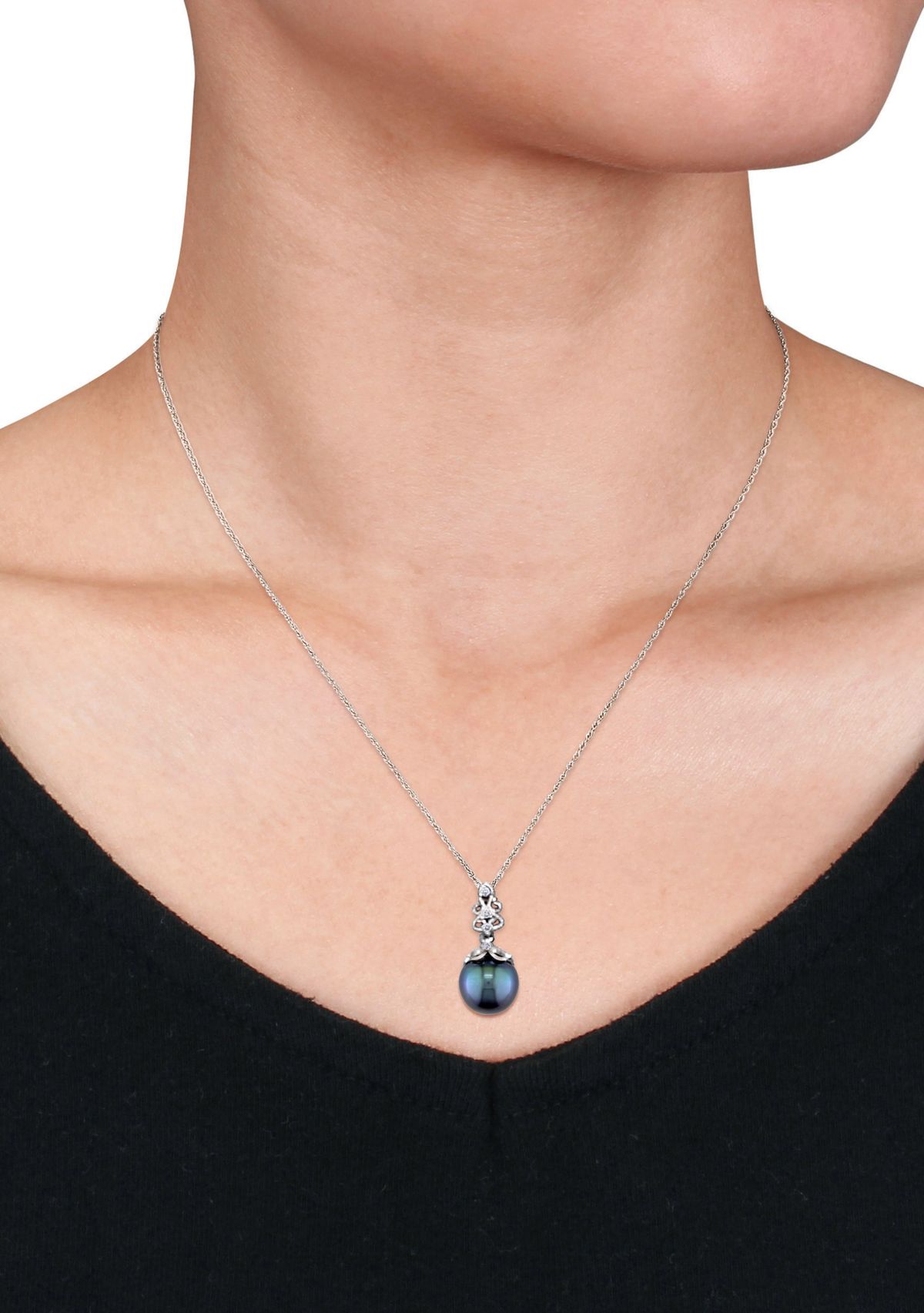 1/10 ct. t.w. Diamond and 9 Millimeter Cultured Tahitian Pearl Accent Vintage Drop Pendant With Chain in 14k White Gold