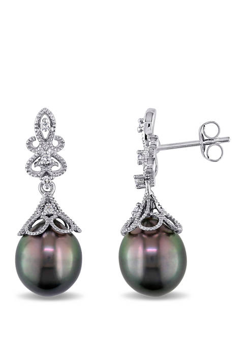 1/10 ct. t.w. Diamond and 9 to 9.5 Millimeter Cultured Tahitian Pearl Vintage Drop Earrings in 14k White Gold