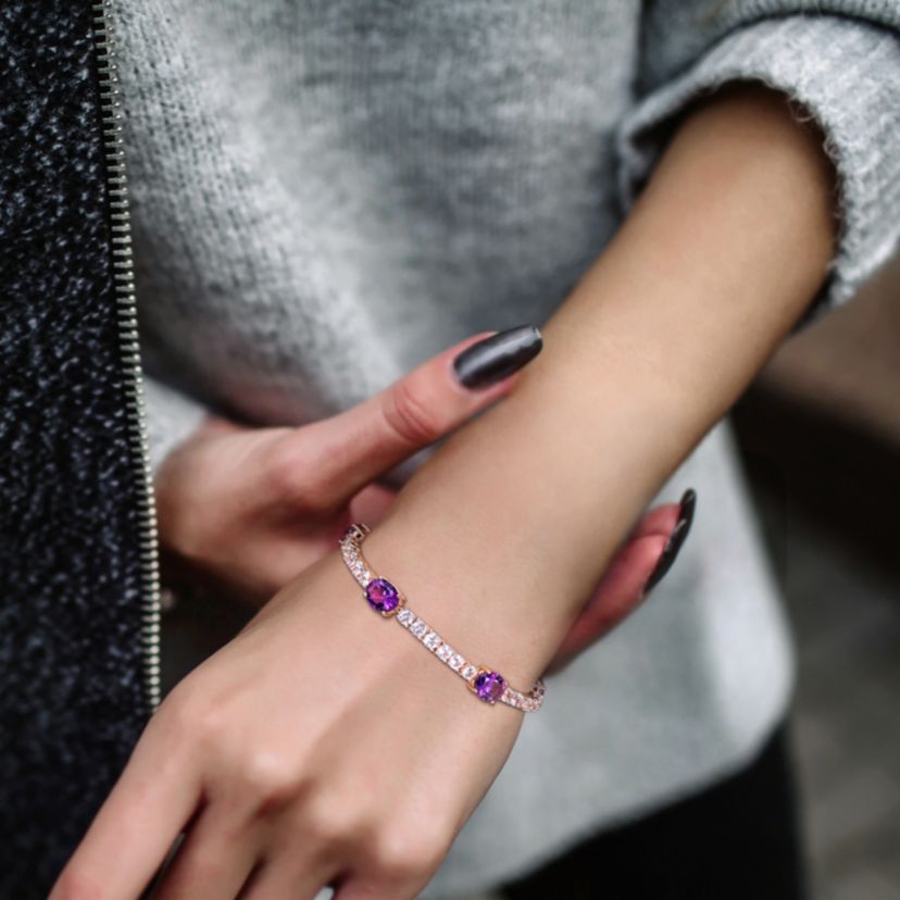 Amethyst-Africa & White Topaz Bracelet in Rose Plated Sterling Silver