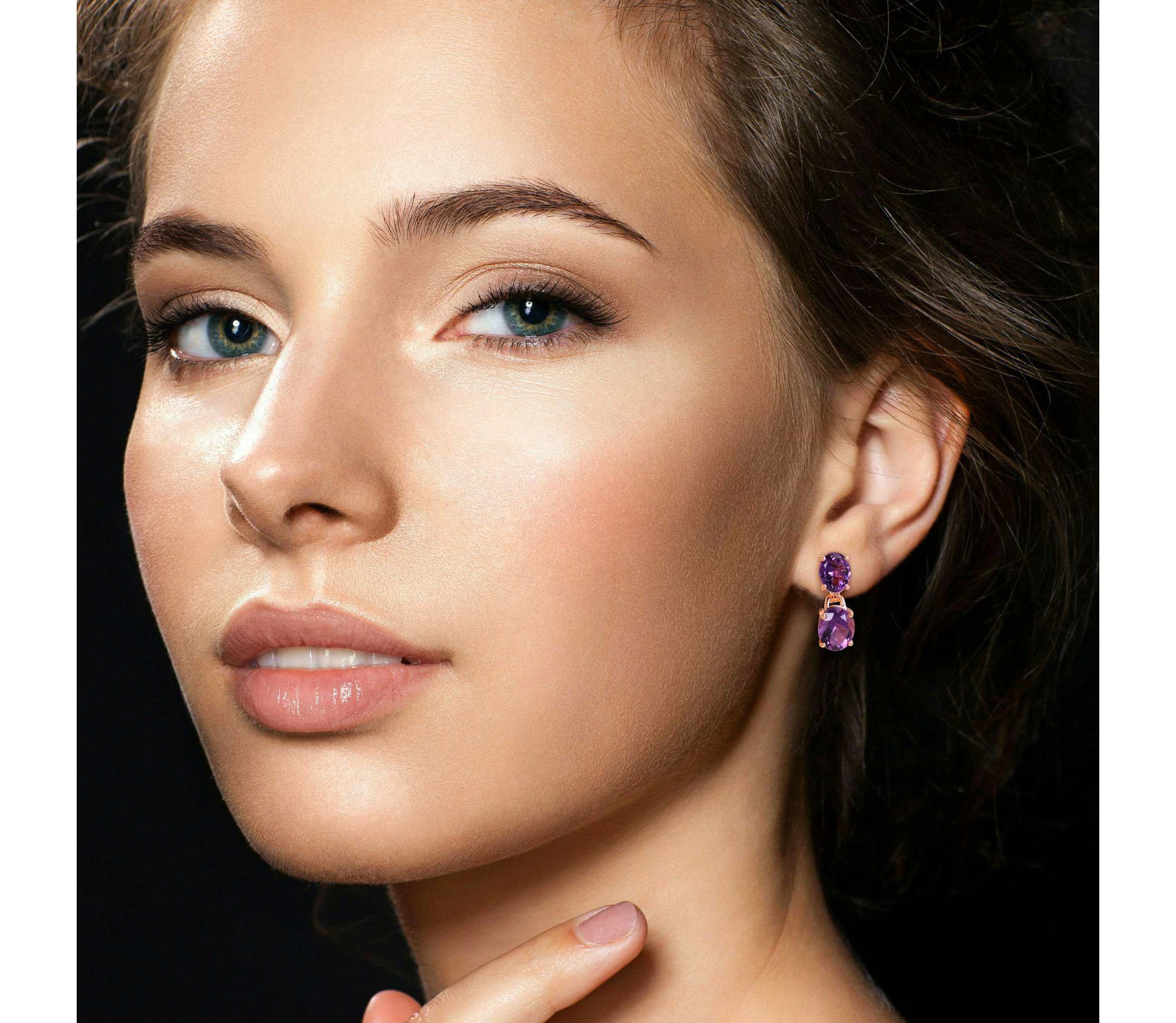 Amethyst Dangle Earrings in Rose Plated Sterling Silver